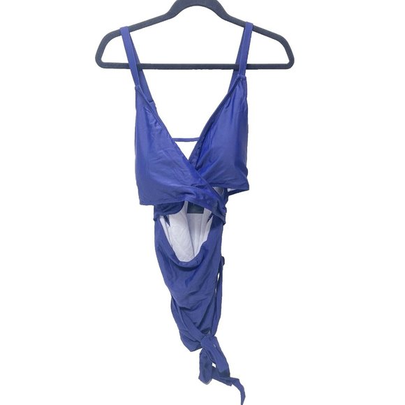 Women's Plus Size One Piece Bathing Suit Blue 18W with Front Tie Accent - Picture 2 of 11